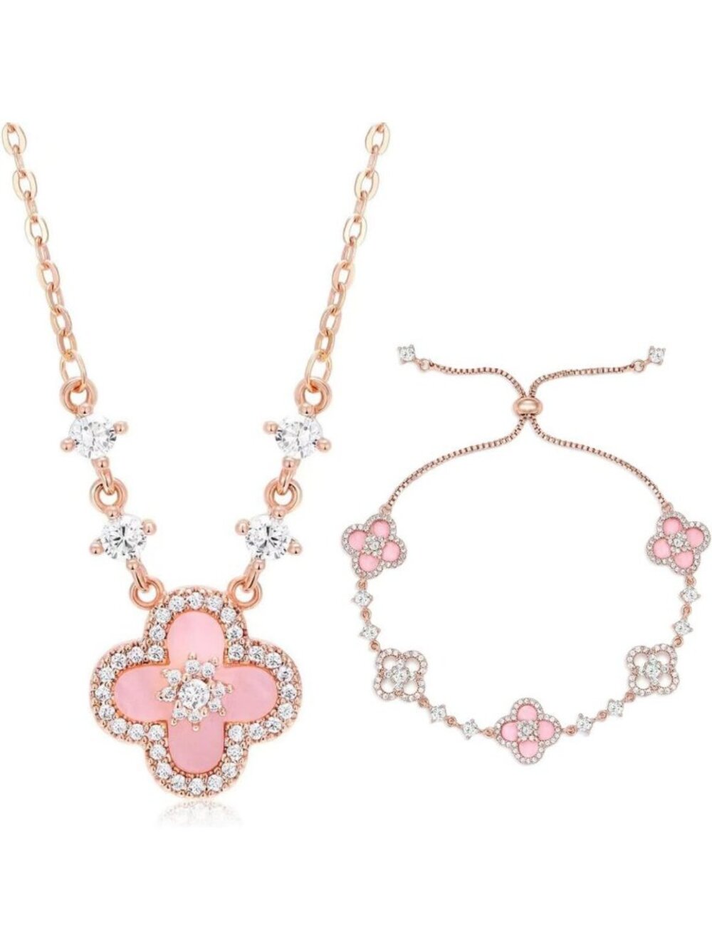 Dainty 18K Gold Plated Clover Bracelet & Necklace Set - Pink Shell Lucky Charm